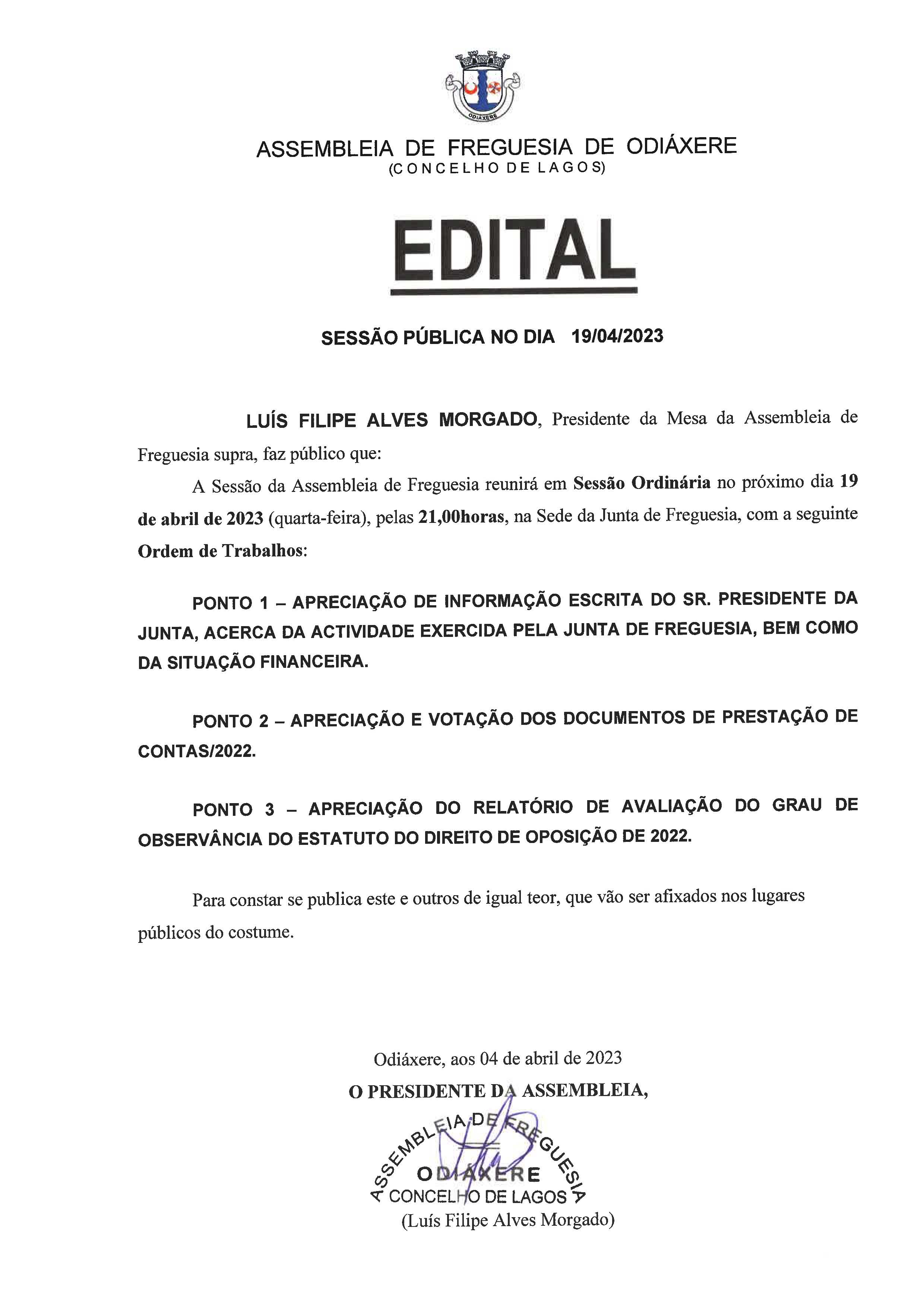 Imagem Edital - Assembleia de Freguesia - Sessão pública de 19 de abril de 2023