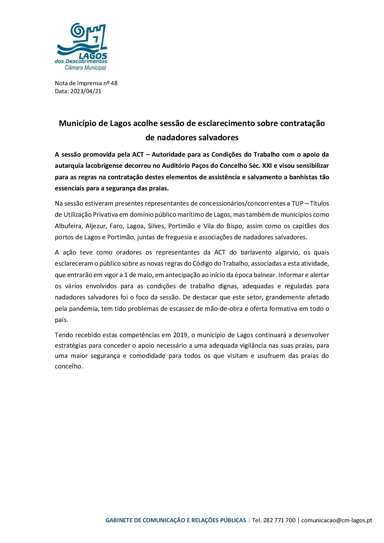 Imagem Município de Lagos acolhe sessão de esclarecimento sobre contratação de nadadores salvadores