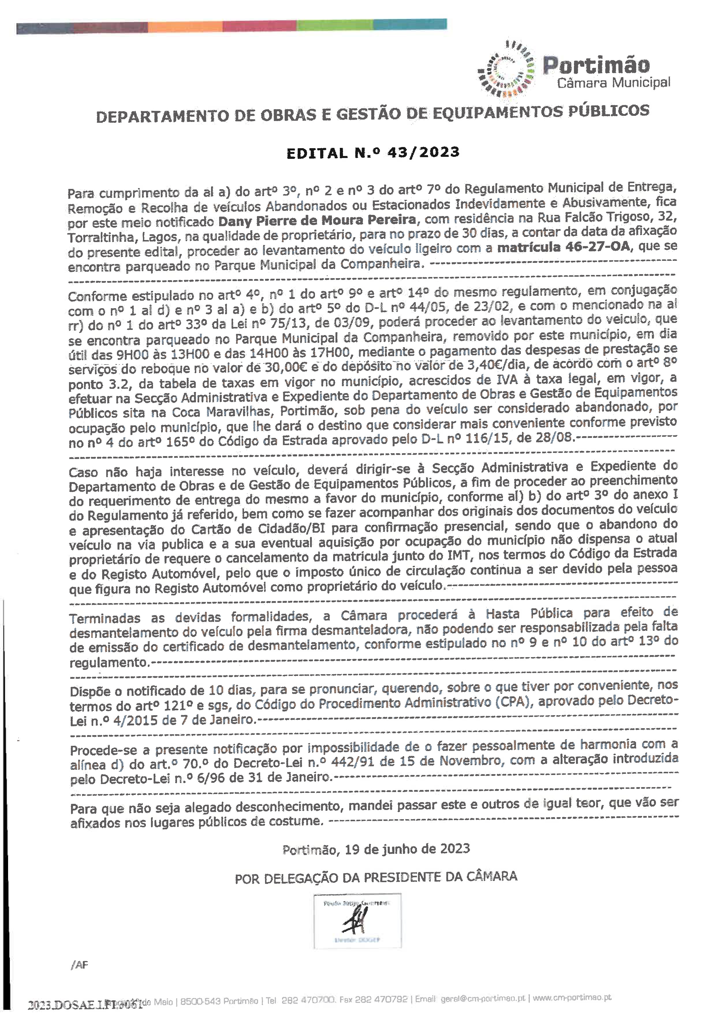 Imagem Edital N.° 43/2023 - Câmara Municipal de Portimão