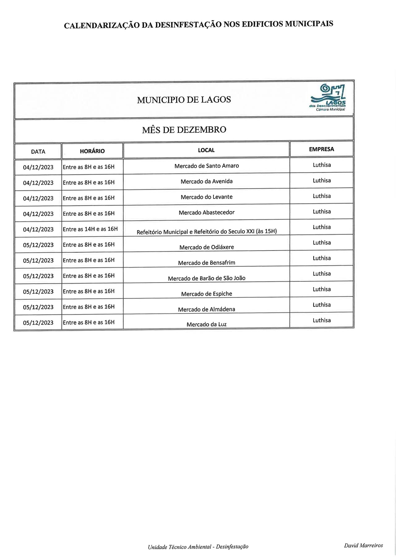 Imagem Calendário da Desinfestação nos Edifícios Municipais - Mercado de Odiáxere