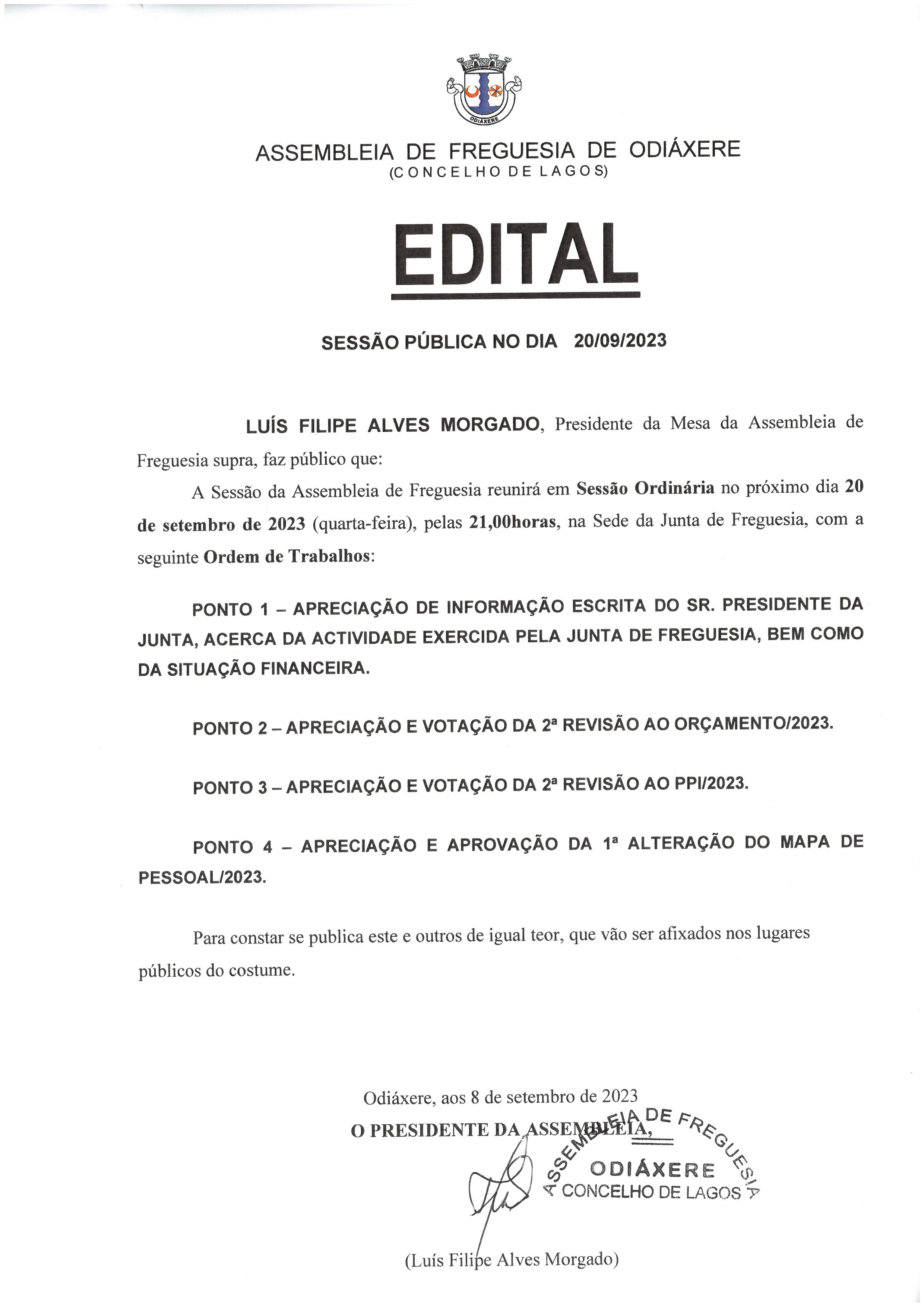Imagem Edital - Assembleia de Freguesia de Odiáxere - Sessão Pública no dia 20 de setembro de 2023