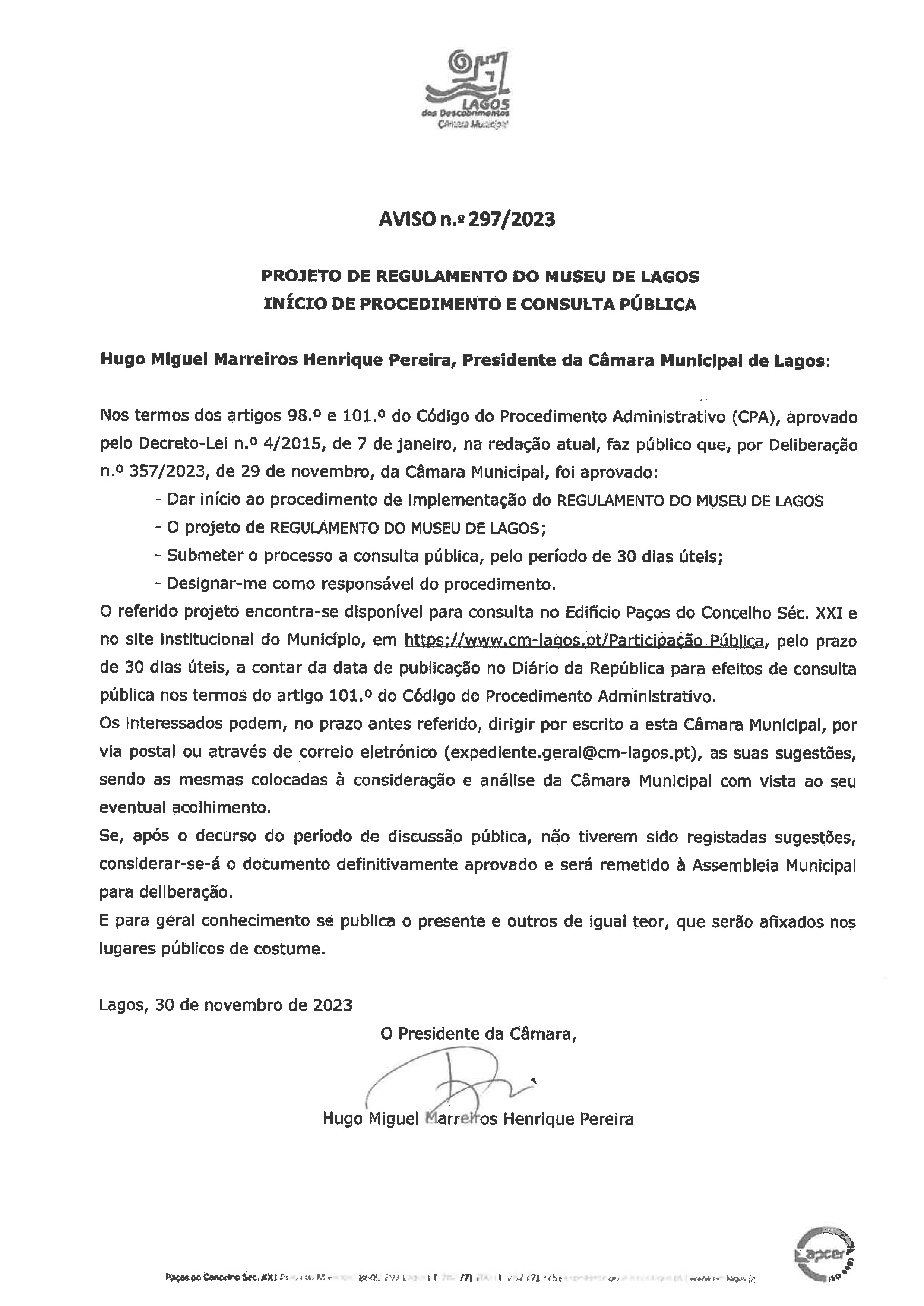 Imagem Aviso n.º 297/2023 - Projeto de Regulamento do Museu de Lagos