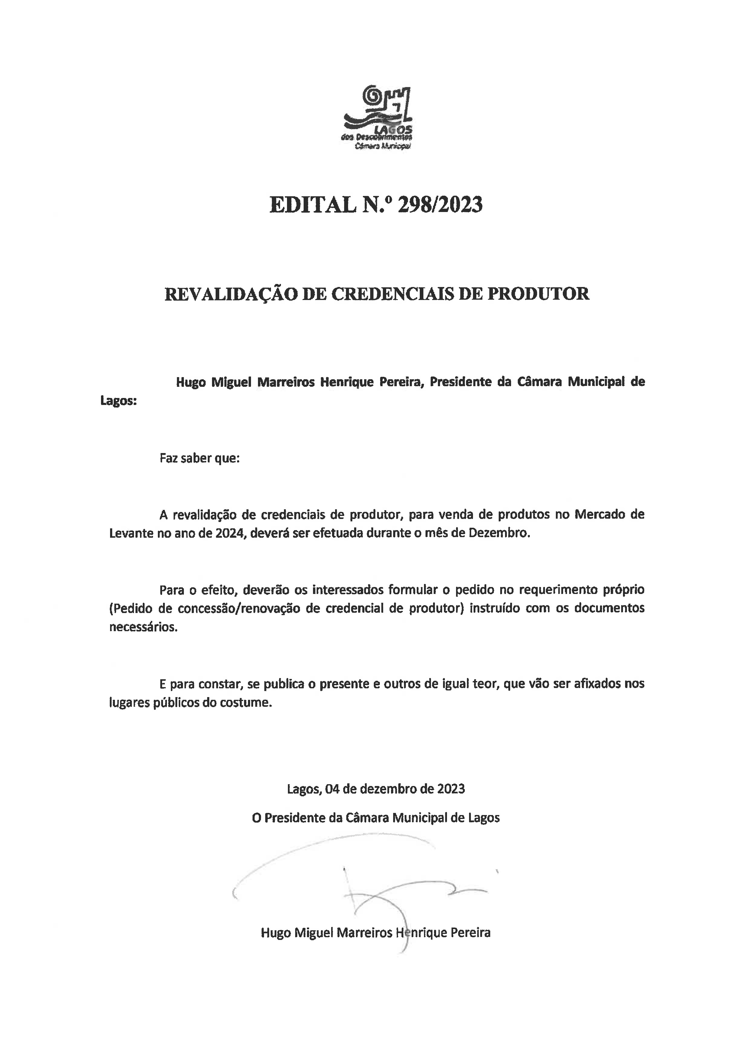 Imagem Edital n.º 298/2023 - Revalidação de Credenciais de Produtor