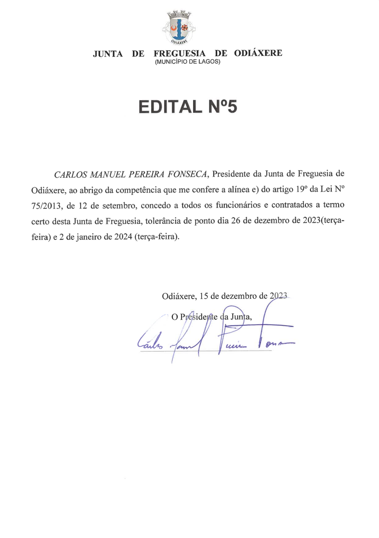 Imagem Edital N.º 5 - Tolerância de ponto nos dias 26 de dezembro de 2023 e 2 de janeiro de 2024