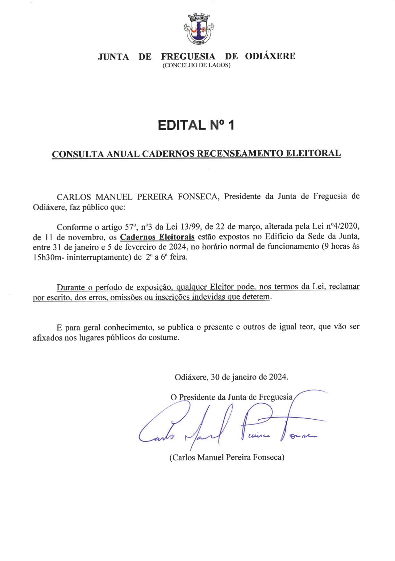 Imagem Edital N.º 1 - Consulta Anual dos Cadernos Recenseamento Eleitoral