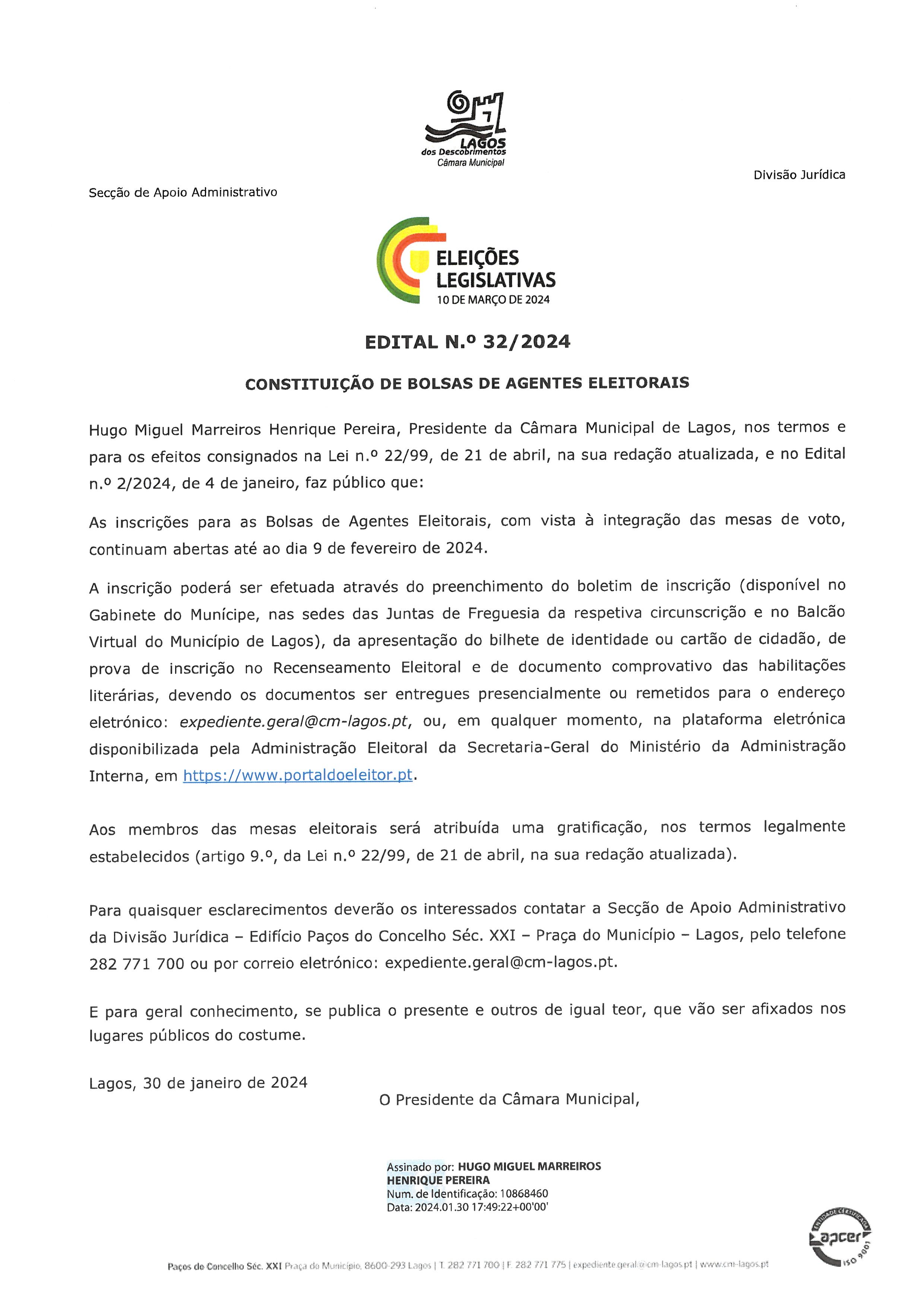 Imagem Edital N.º 32 / 2024 - Câmara Municipal de Lagos