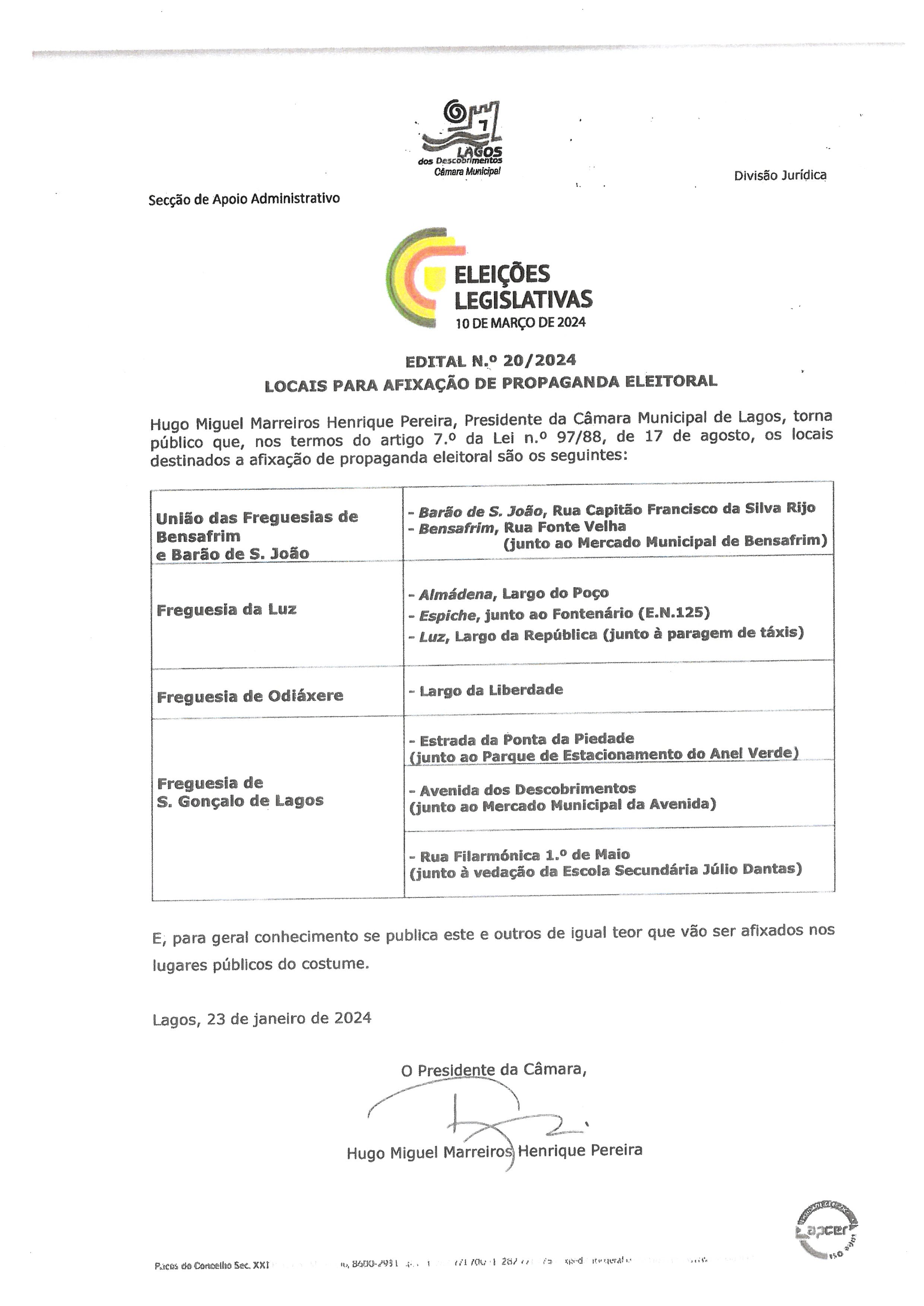 Imagem Edital N.º 20/2024 - Locais para afixação de propaganda eleitoral