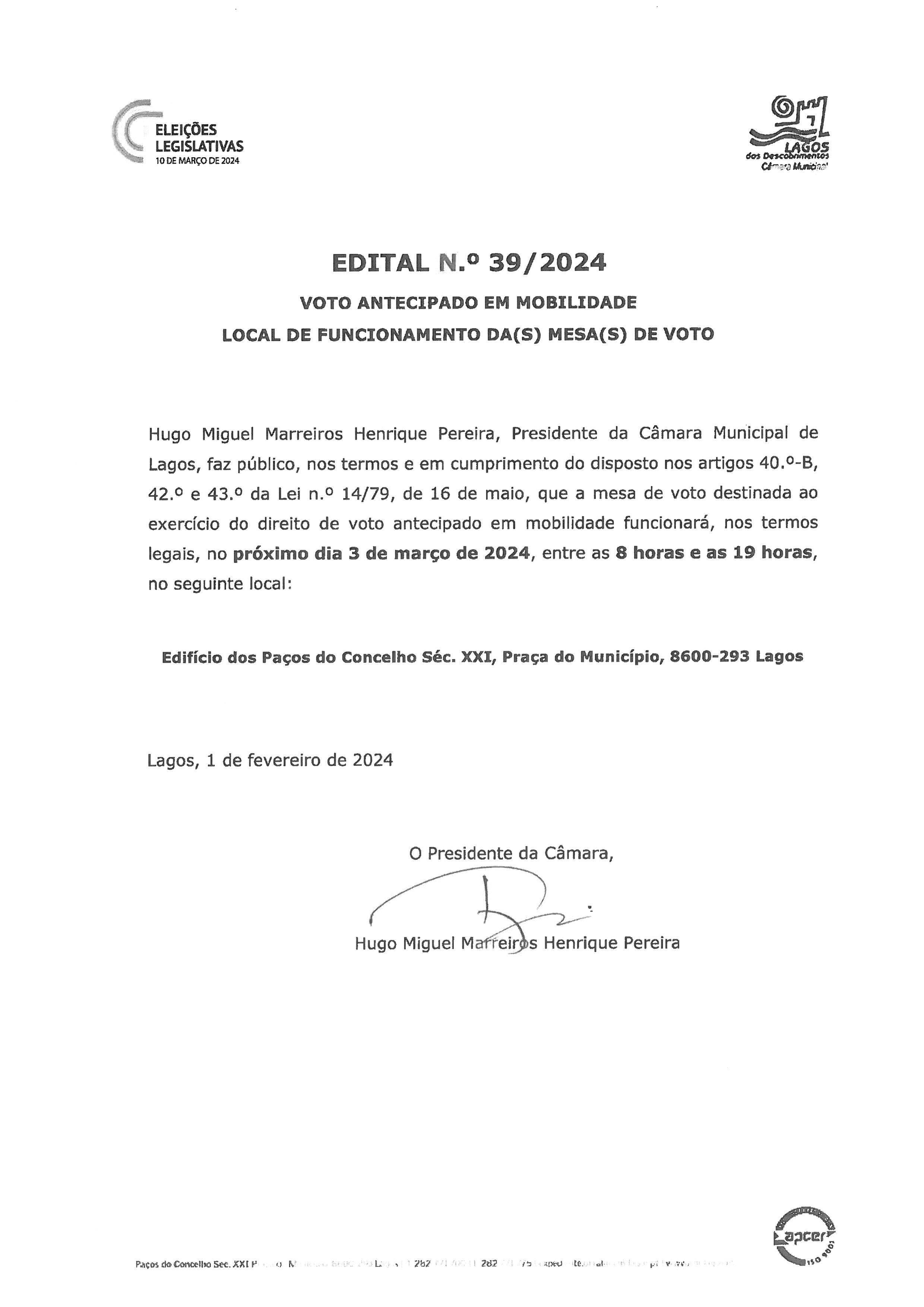 Imagem Edital N.º 39/2024 - Voto Antecipado em Mobilidade - Local de Funcionamento da(s) Mesa(s) de Voto
