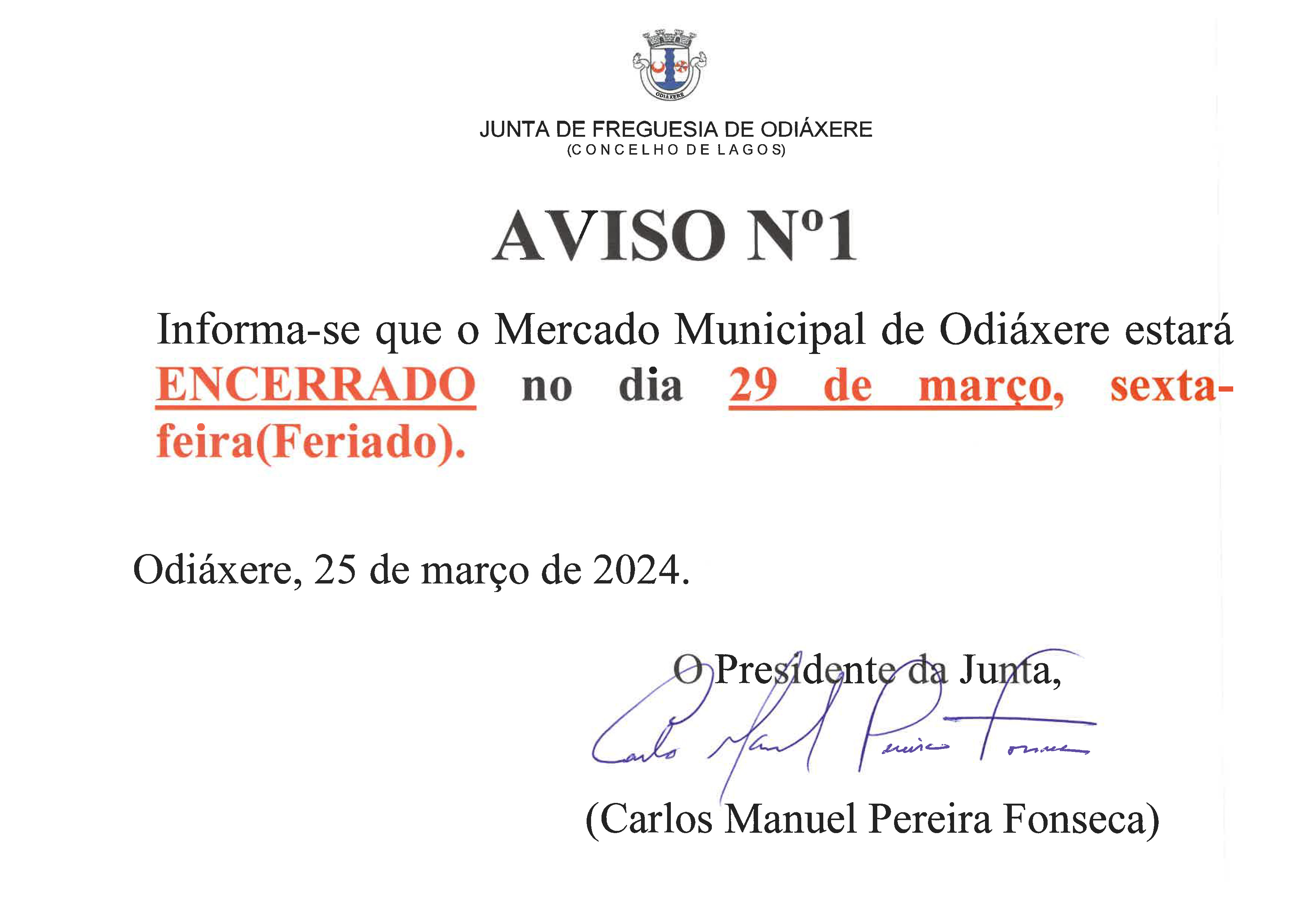 Imagem Aviso N.º 1 - Mercado Municipal de Odiáxere Encerrado a 29 de março de 2024