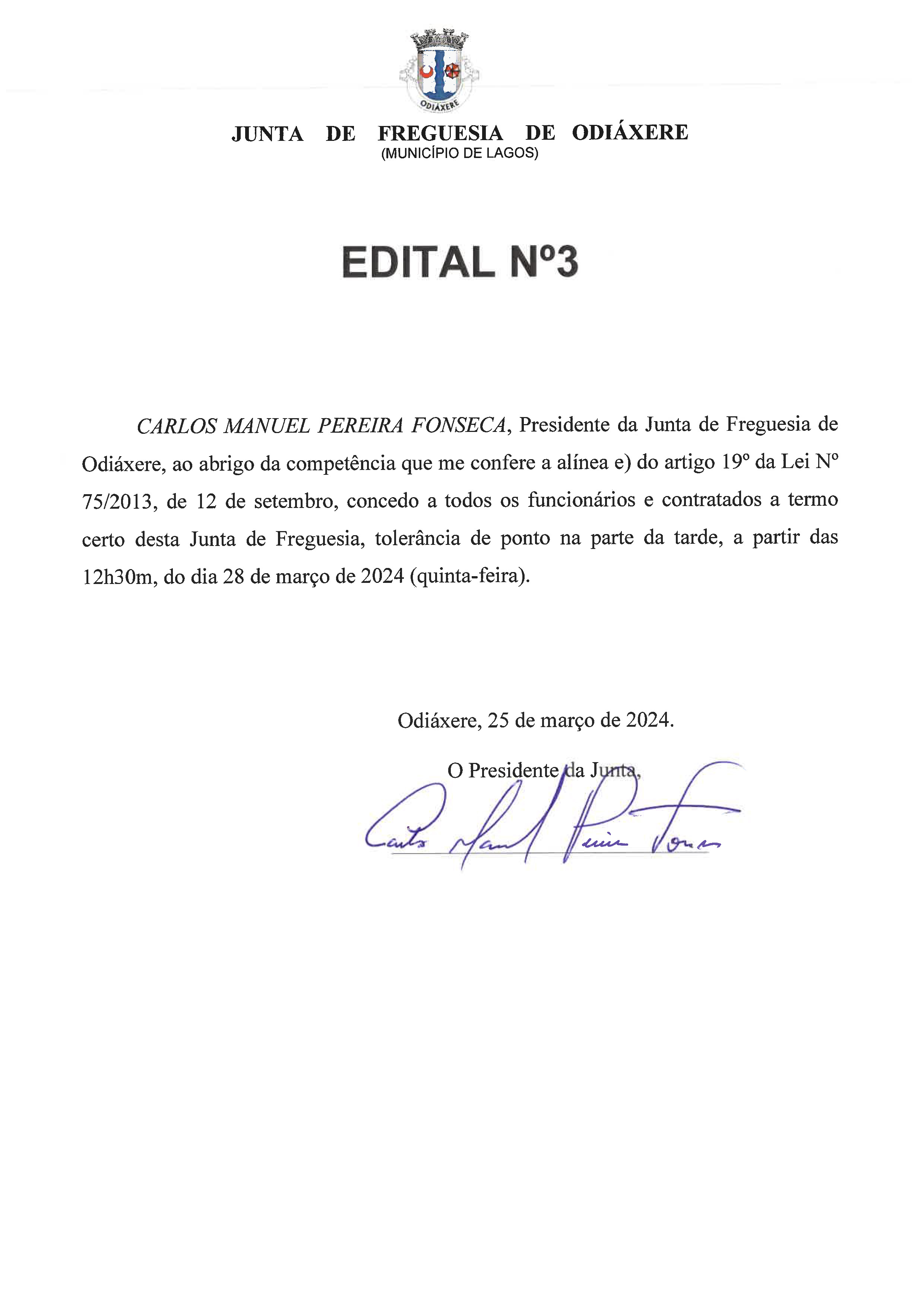 Imagem Edital N.º 3 - Tolerância de Ponto dia 28 de março 2024 a partir das 12h30