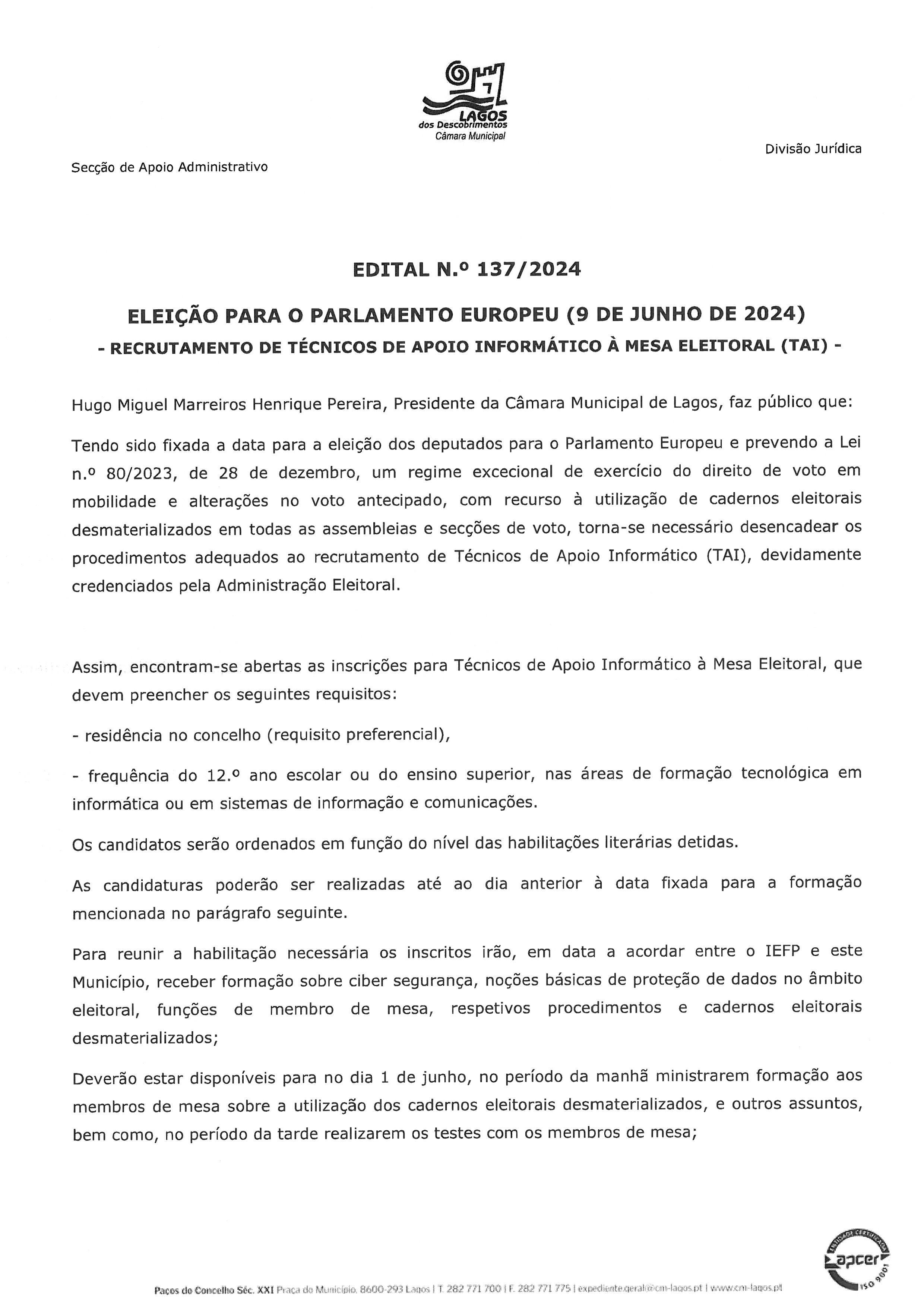 Imagem Edital CM Lagos N.º 137 / 2024 - Eleição para o parlamento Europeu (9 de Junho de 2024)
