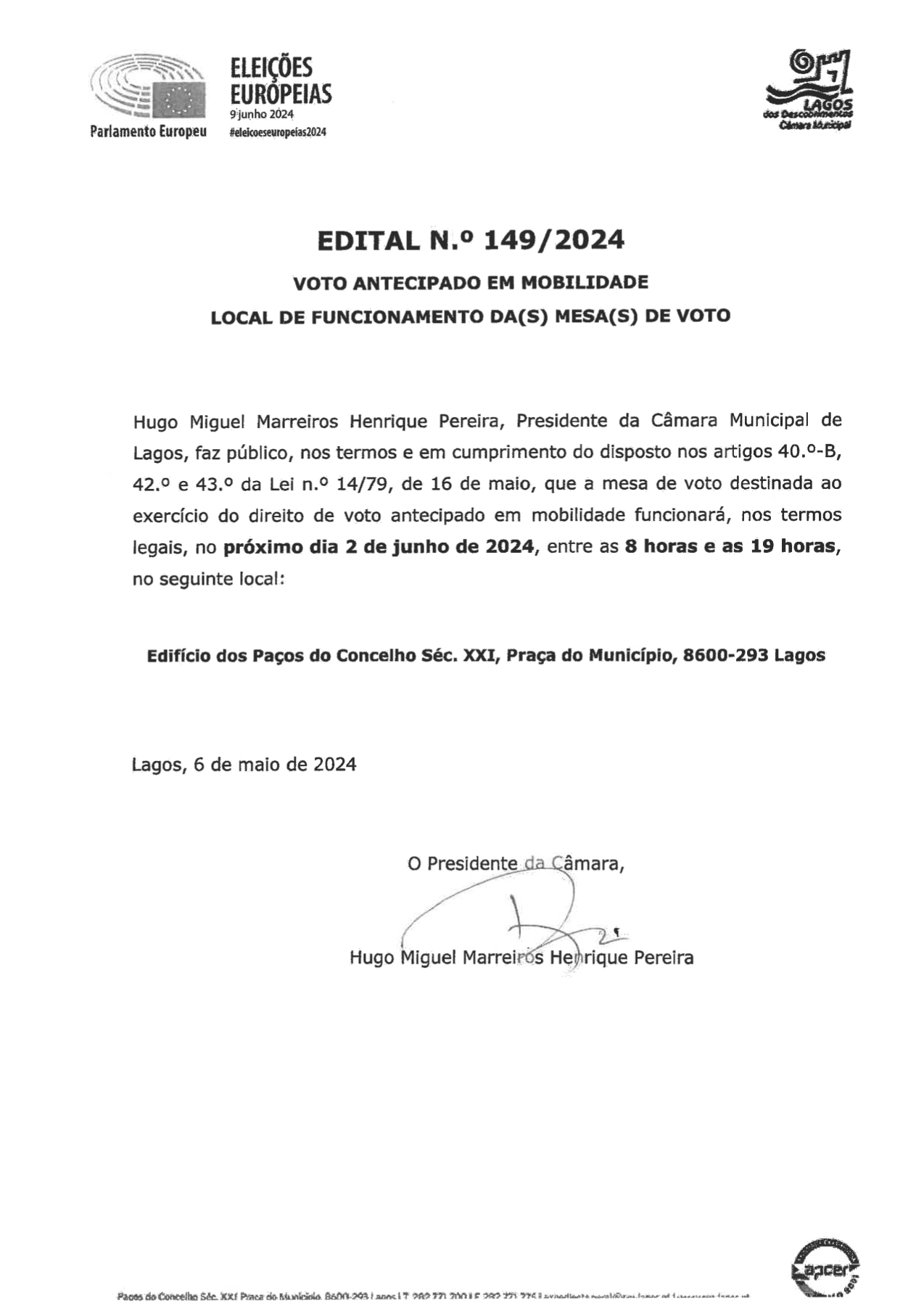 Imagem Edital CM Lagos N.º 149 / 2024 - Voto Antecipado em Mobilidade