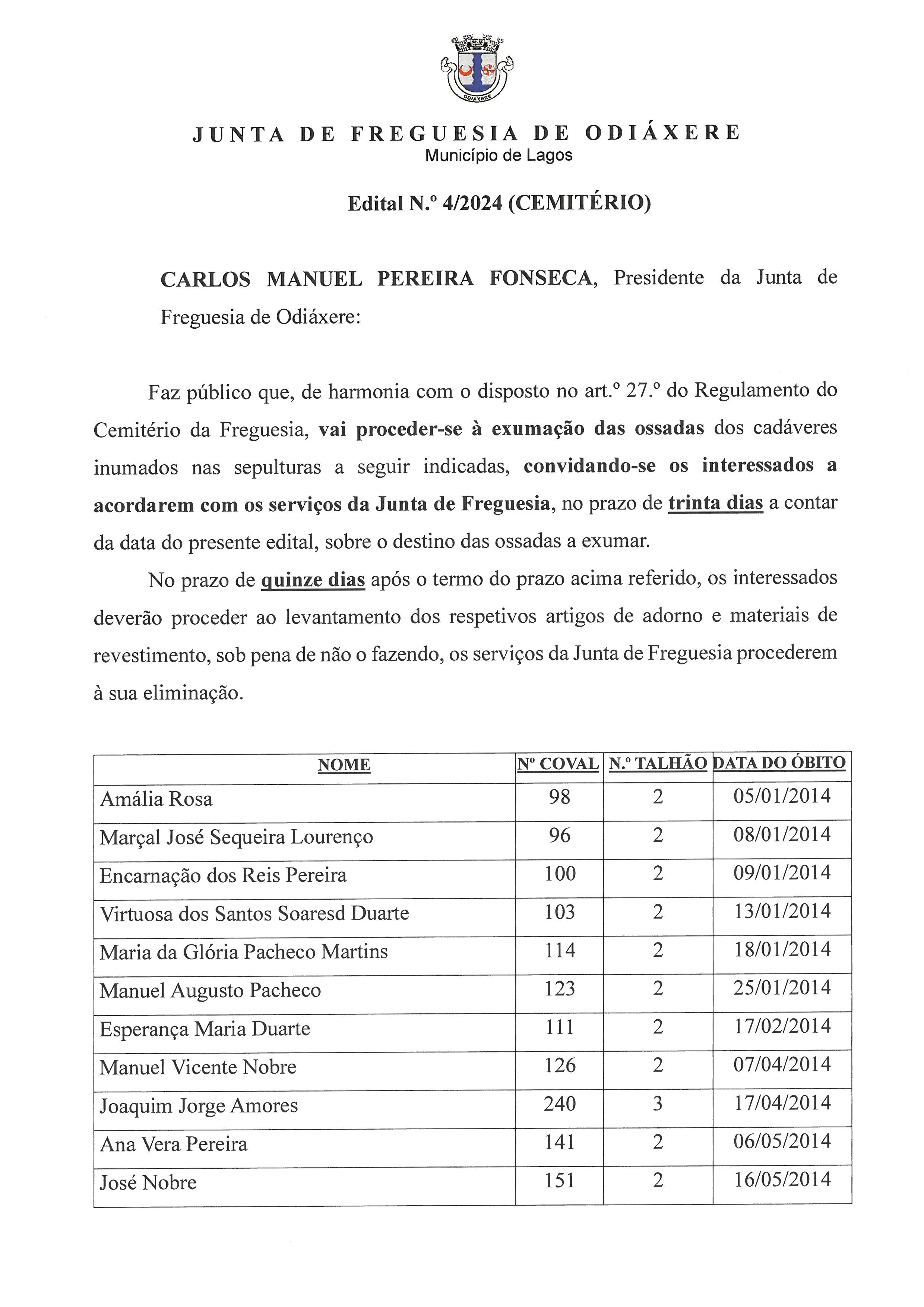 Imagem Edital N.º 4/2024 - Cemitério - Exumação de Ossadas