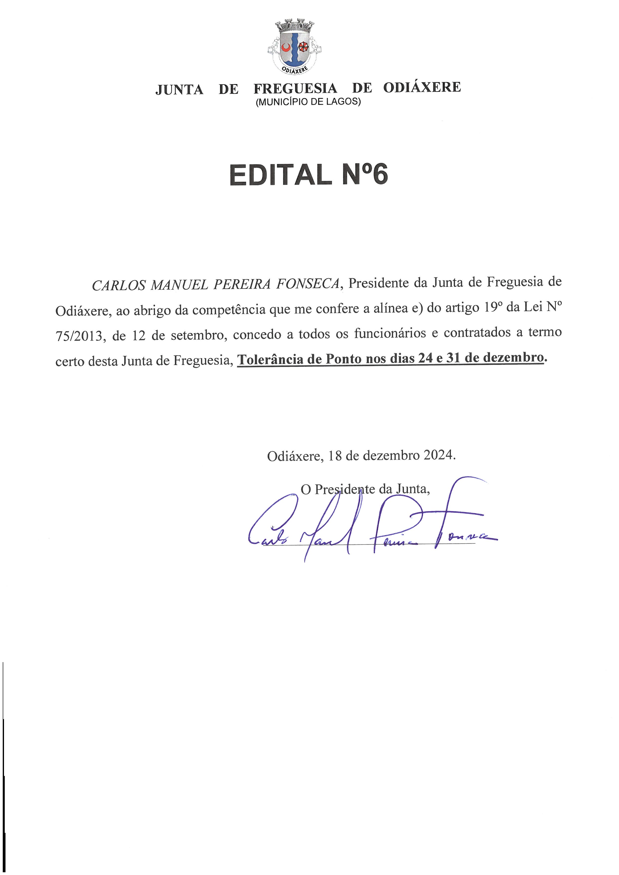 Imagem Edital N.º 6 - Tolerância de Ponto nos dias 24 e 31 de dezembro