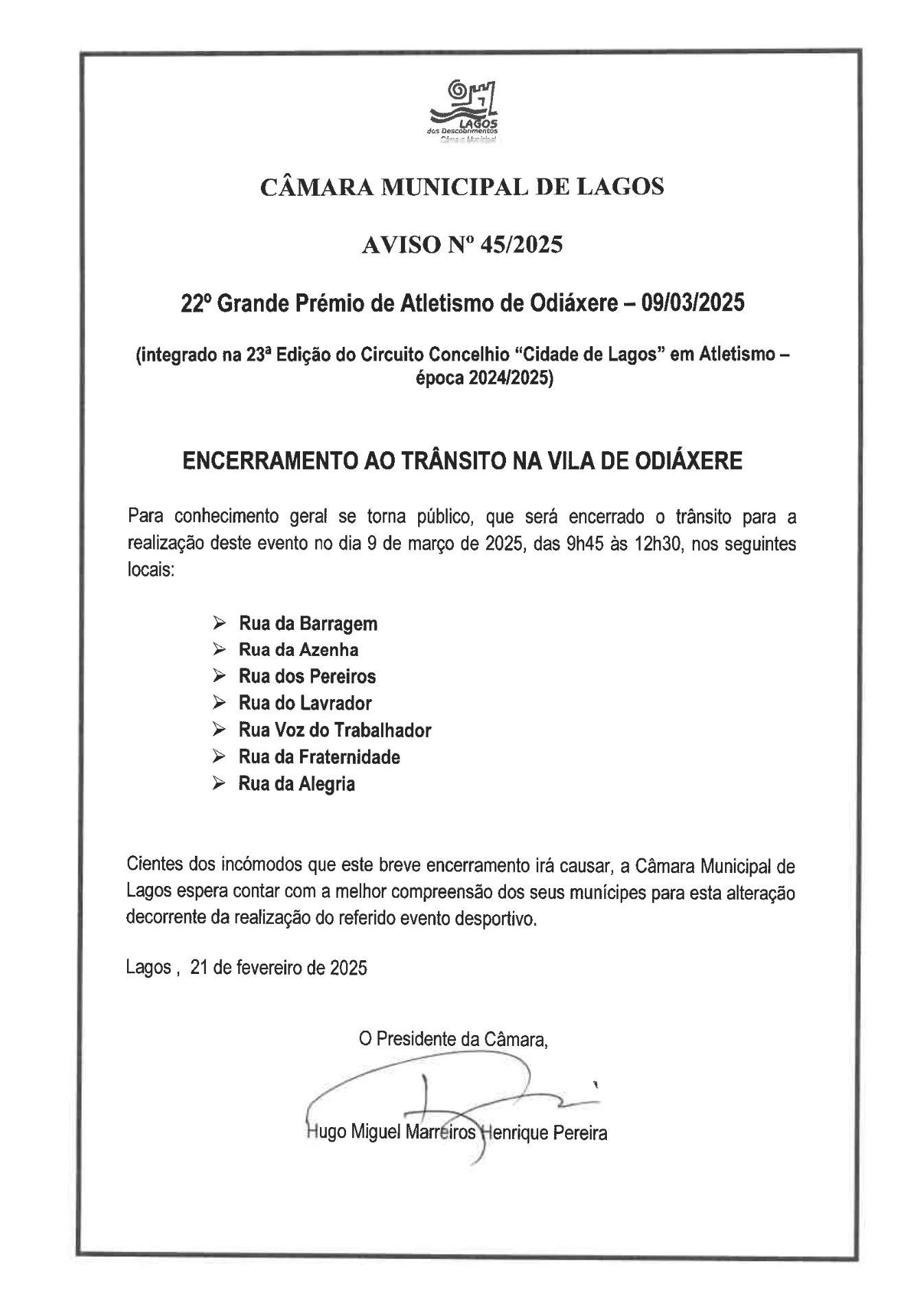 Imagem CM Lagos - Aviso N.° 45/2025 - 22° Grande Prémio de Atletismo de Odiáxere