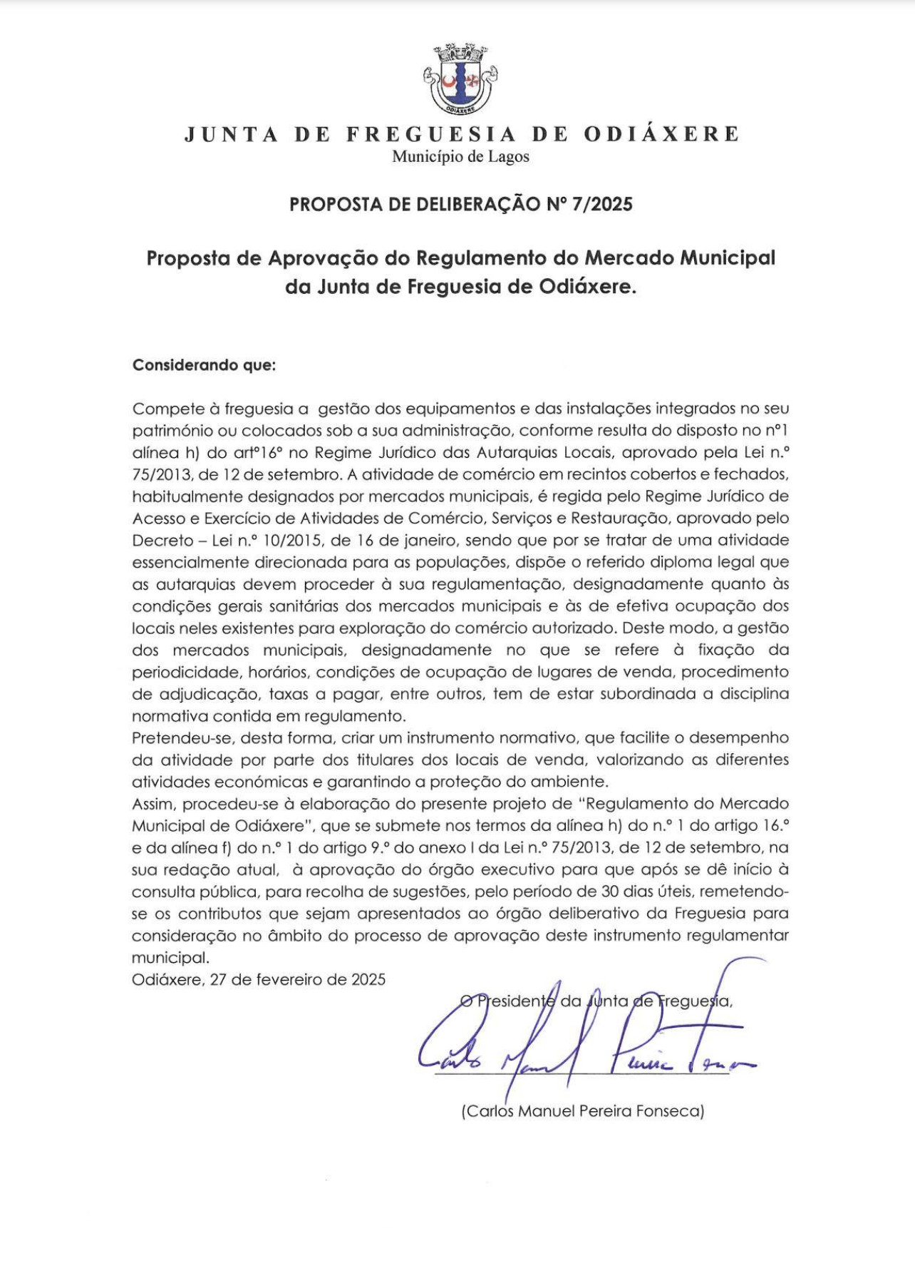 Imagem Proposta de Aprovação do Regulamento do Mercado Municipal da Junta de Freguesia de Odiaxere