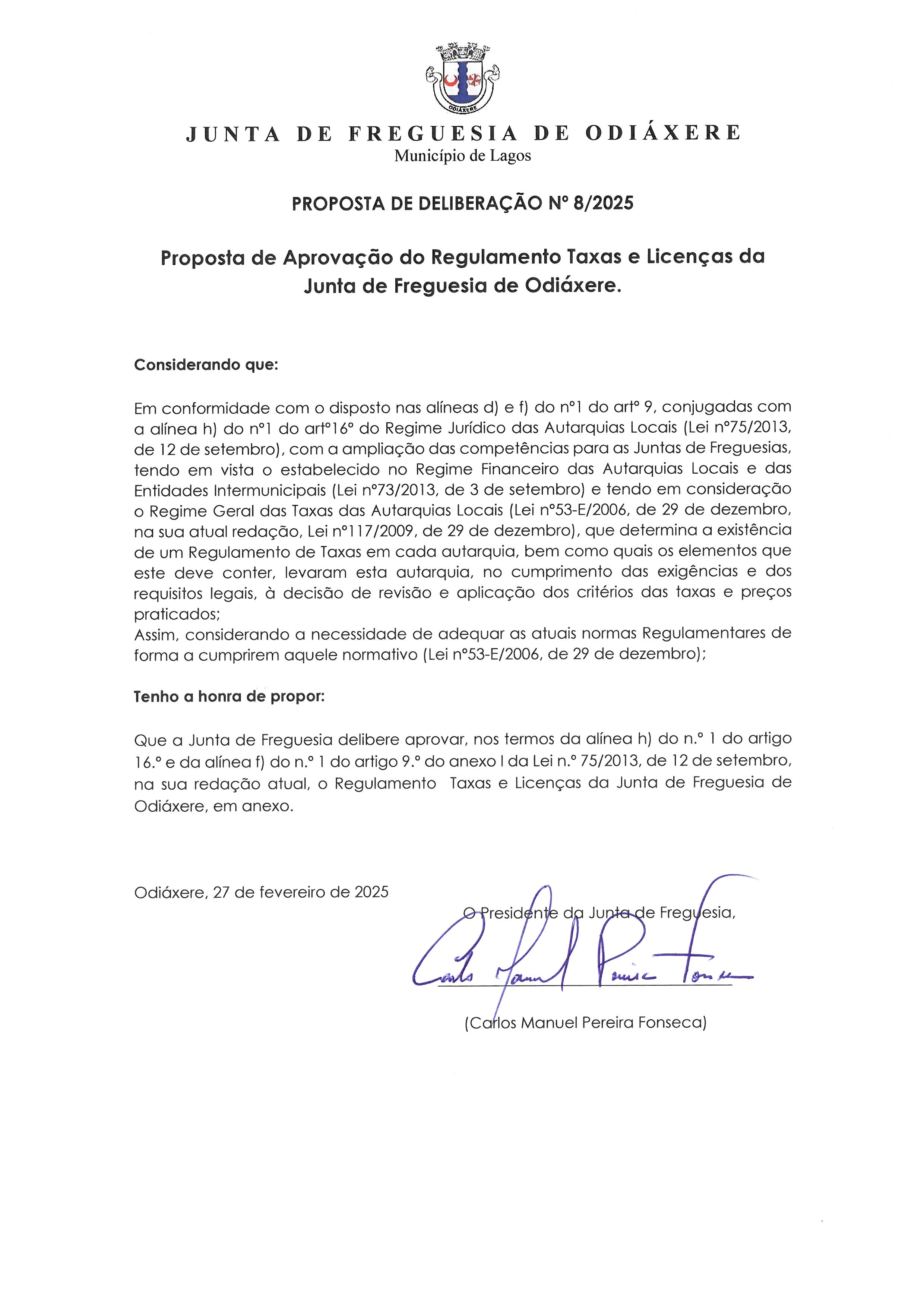 Imagem Proposta de Aprovação do Regulamento Taxas e Licenças da Junta de Freguesia de Odiáxere