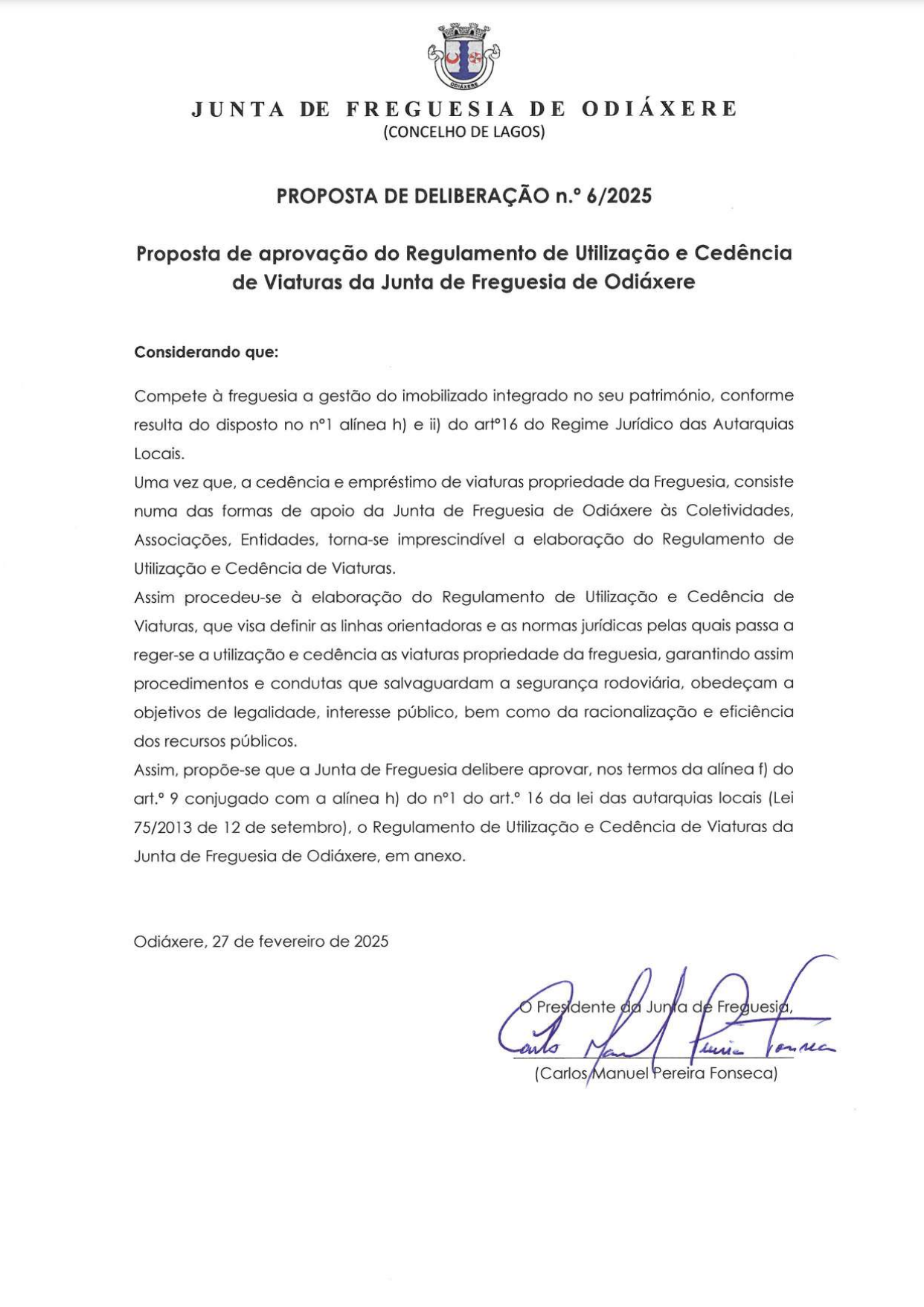 Imagem Proposta de Aprovação do Regulamento de Utilização e Cedência de Viaturas da Junta de Freguesia de Odiáxere