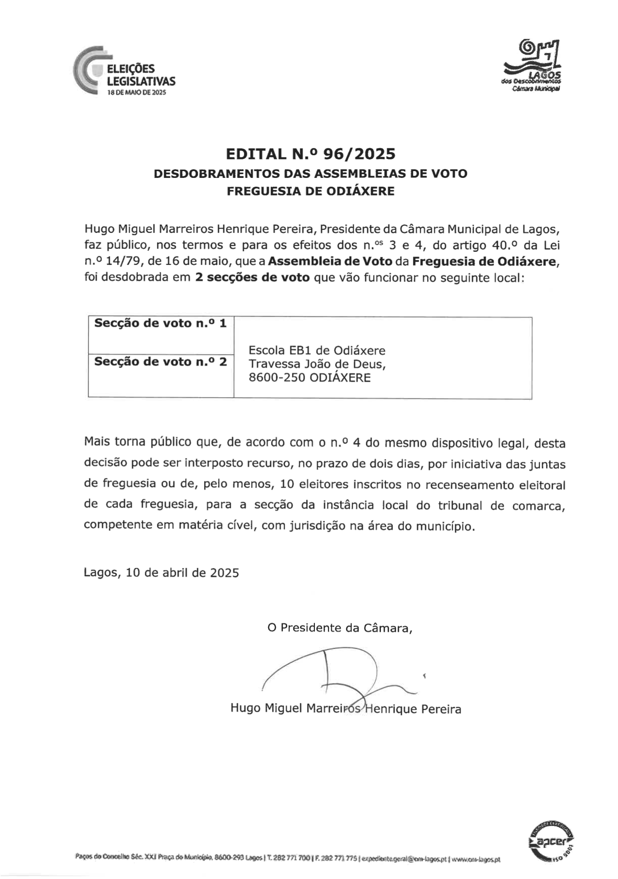 Imagem Edital n.º  96/2025 - Desdobramento das Assembleias de Voto na Freguesia de Odiáxere