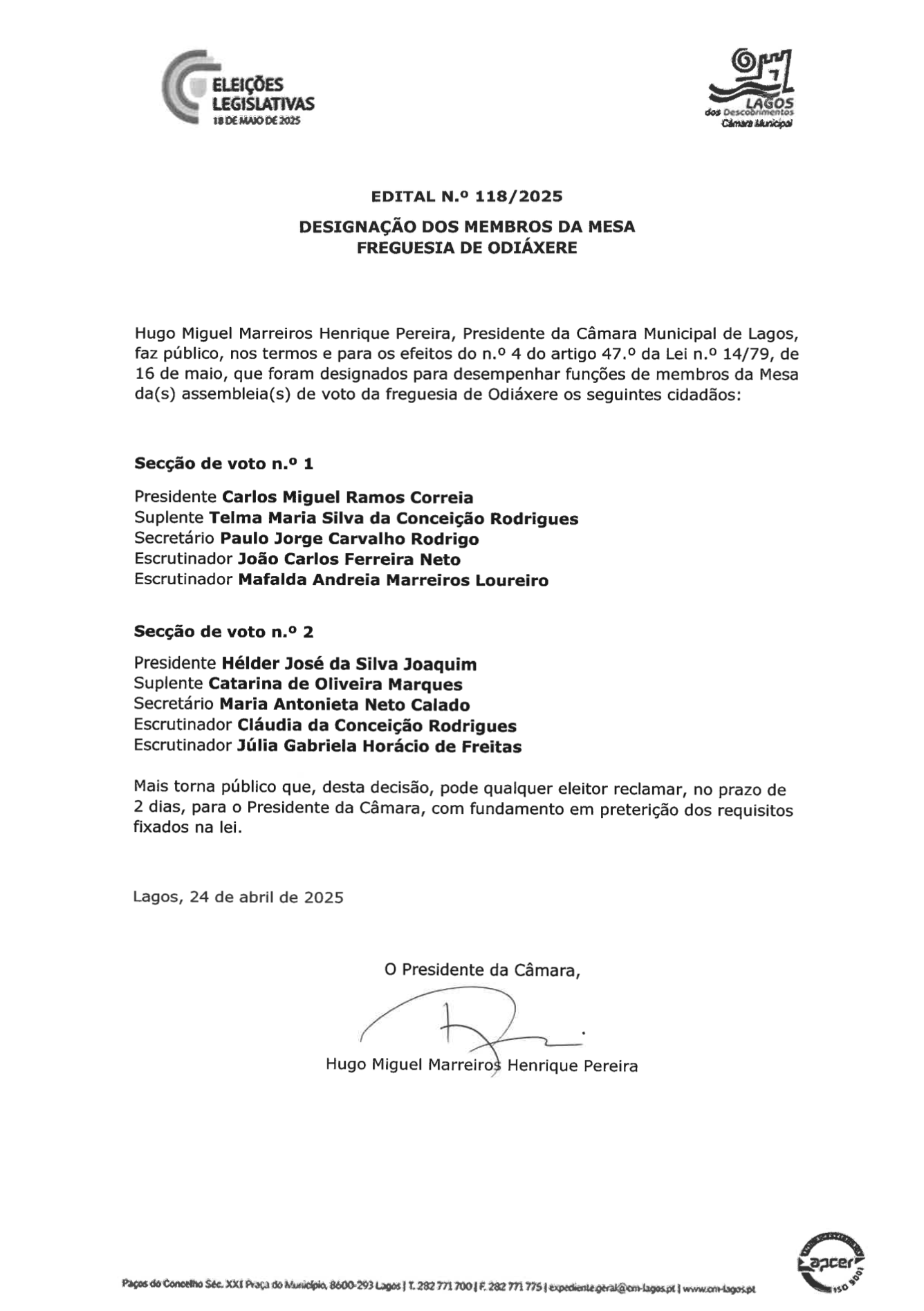 Imagem Edital n.º 118/2025 - Designação dos Membros da Mesa - Freguesia de Odiáxere