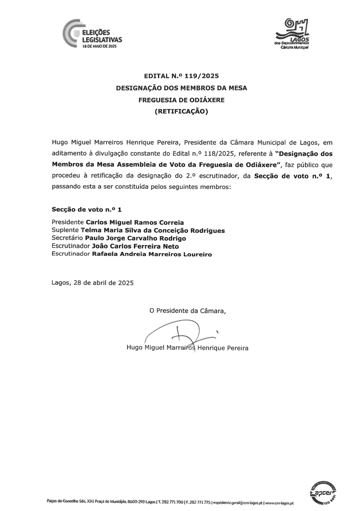 Imagem Edital n.º 119/2025 - Designação dos Membros da Mesa - Freguesia de Odiáxere - Retificação