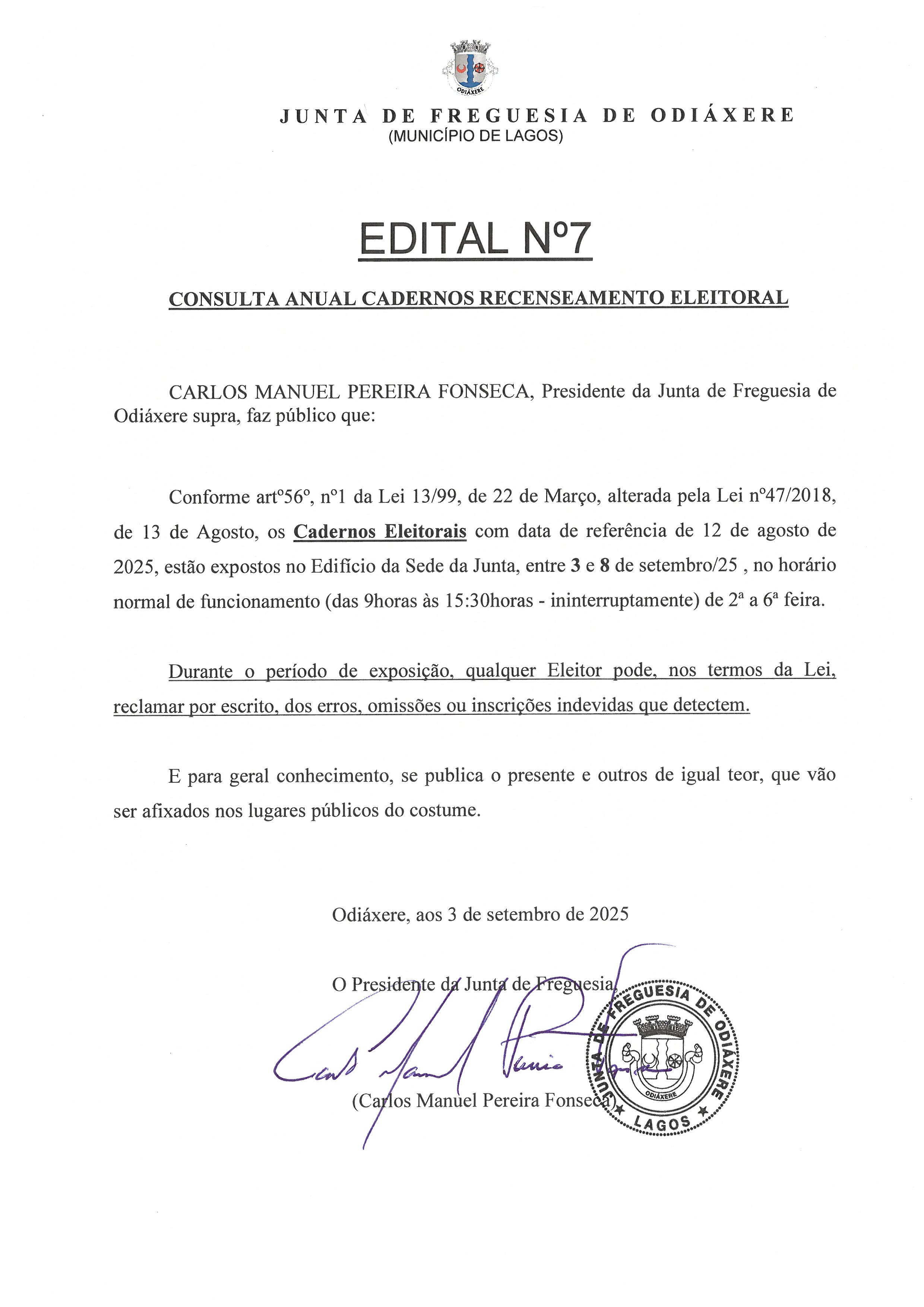Imagem Edital N.º 7/2025 - Consulta Anual dos Cadernos de Recenseamento Eleitoral