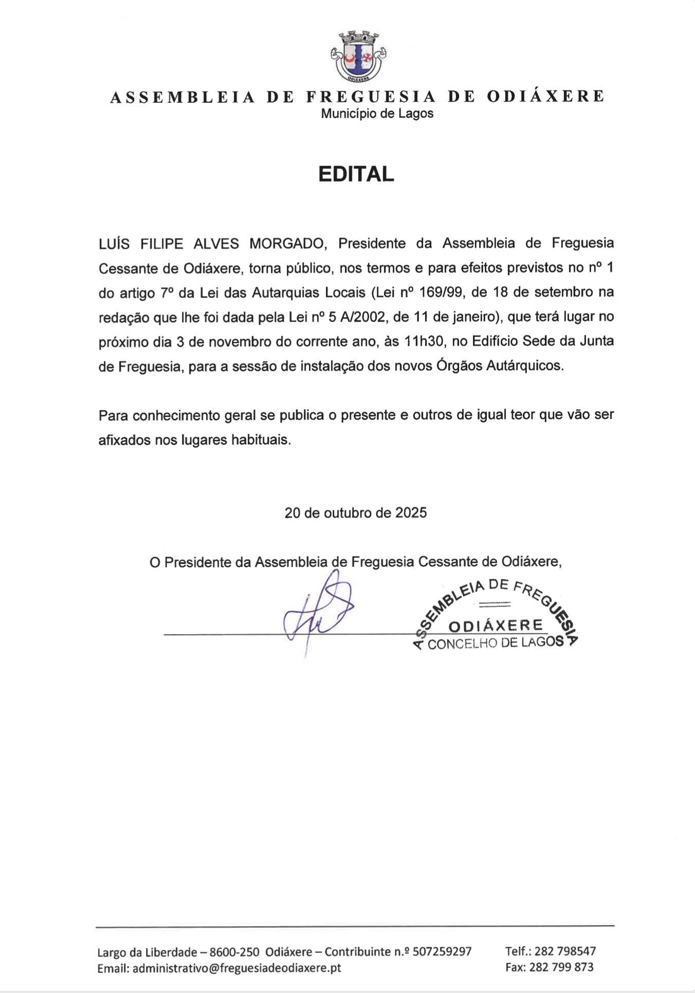 Imagem Edital - Assembleia de Freguesia - Sessão de instalação dos novos Órgãos Autárquicos 2025/2029