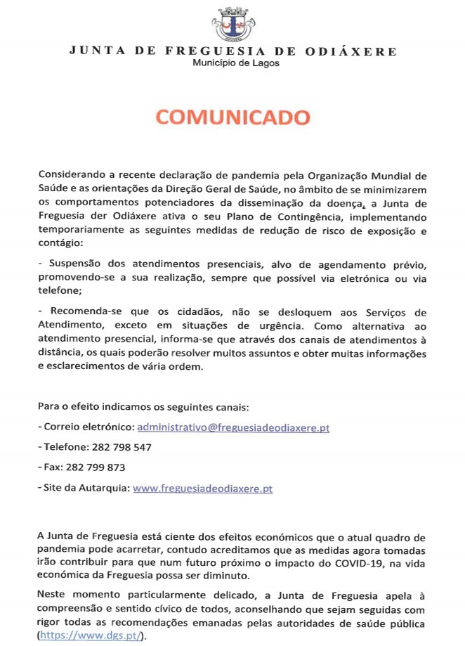 Imagem Covid 19 - medidas de contingência da J.F. de ODIÁXERE