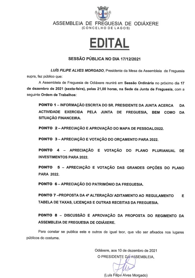 Imagem Edital da Assembleia de Freguesia de Odiáxere - Sessão Pública no dia 17/12/2021