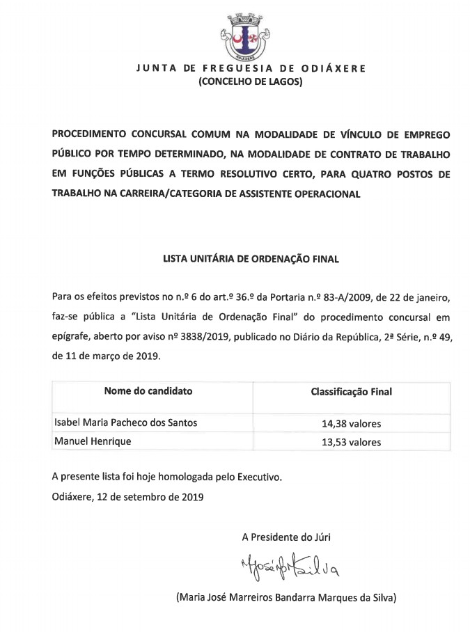 Imagem Lista unitária de ordenação final de procedimento concursal (Aviso 83-a de 2019)